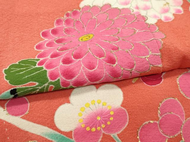 平和屋着物●極上　アンティーク　大正ロマン　小振袖　草花文　金彩　鉛丹色地　逸品　CZAA4553s6 平和屋着物○極上 アンティーク 大正ロマン 小振袖 草花文 金彩 鉛丹色