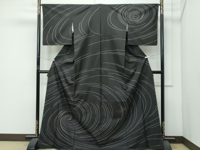 平和屋本店●極上　訪問着　紬地　刺し子　渦巻　黒地　逸品　未使用　CZAA4629s6