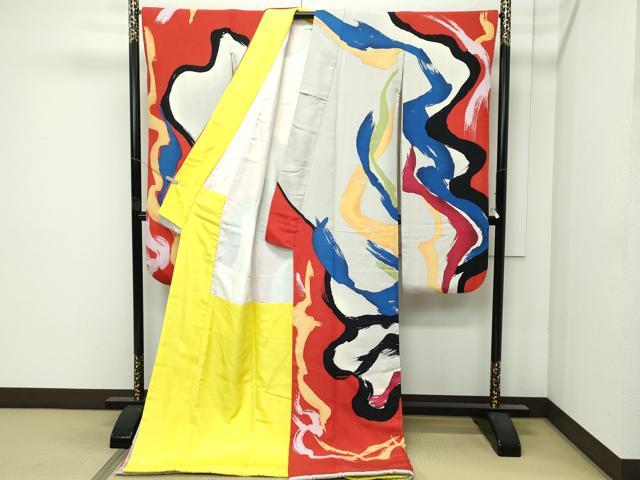 平和屋本店●希少 芸術家 岡本太郎 お引きずり・お引き摺り・引き振袖 和装 結婚式 舞妓 芸妓 芸者 墨流し文様 銀通し地 逸品 CZAA4645s6 平和屋本店○希少 芸術家 岡本太郎 お引きずり・お引き摺り・引き振袖