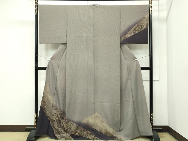 平和屋着物●極上　印傳　訪問着　江戸小紋　万筋　黒紅×亜麻色　草花文　暈し染め　逸品　CZAA4649s6