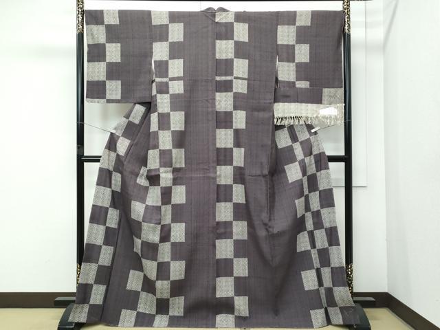 平和屋本店●極上　染織の名門　しょうざん  生紬　市松鹿の子文　紅消鼠色地　証紙付き　逸品　未使用　CZAA4657s6