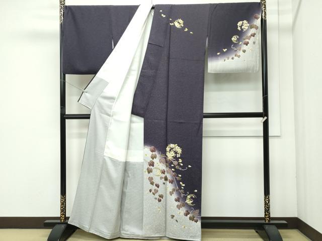 平和屋着物●極上　訪問着　草花文　暈し染め　紫黒色地　逸品　CZAA4665s6 平和屋着物○極上 訪問着 草花文 暈し染め 紫黒色地 逸品 CZAA4665s6