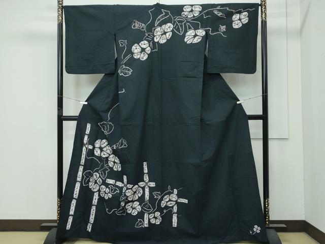 平和屋着物∴極上　夏物　浴衣　訪問着　有松鳴海絞り　朝顔　黒緑色地　綿　逸品　CZAA4729s6