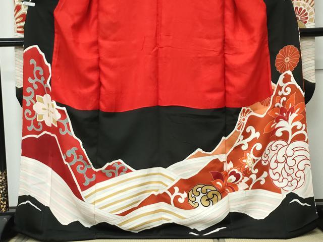 平和屋本店●極上　アンティーク　大正ロマン　振袖　駒刺繍　立波飛鶴花文　黒地　金彩　逸品　CZAA4771s6