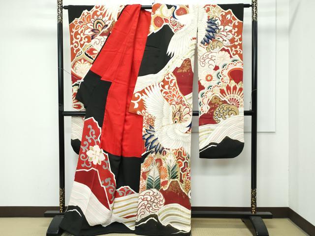 平和屋本店●極上　アンティーク　大正ロマン　振袖　駒刺繍　立波飛鶴花文　黒地　金彩　逸品　CZAA4771s6