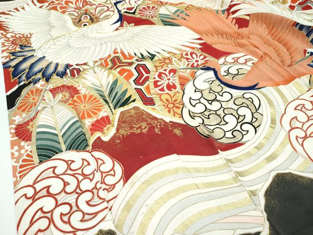 平和屋本店●極上　アンティーク　大正ロマン　振袖　駒刺繍　立波飛鶴花文　黒地　金彩　逸品　CZAA4771s6