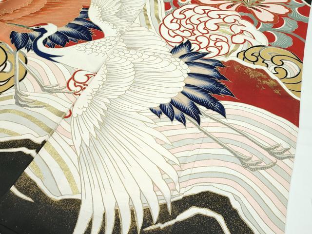 平和屋本店●極上　アンティーク　大正ロマン　振袖　駒刺繍　立波飛鶴花文　黒地　金彩　逸品　CZAA4771s6