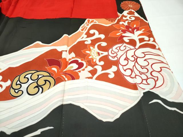 平和屋本店●極上　アンティーク　大正ロマン　振袖　駒刺繍　立波飛鶴花文　黒地　金彩　逸品　CZAA4771s6