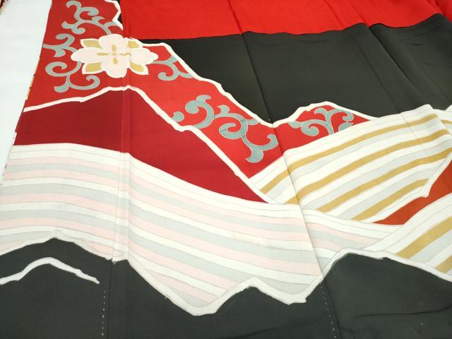 平和屋本店●極上　アンティーク　大正ロマン　振袖　駒刺繍　立波飛鶴花文　黒地　金彩　逸品　CZAA4771s6