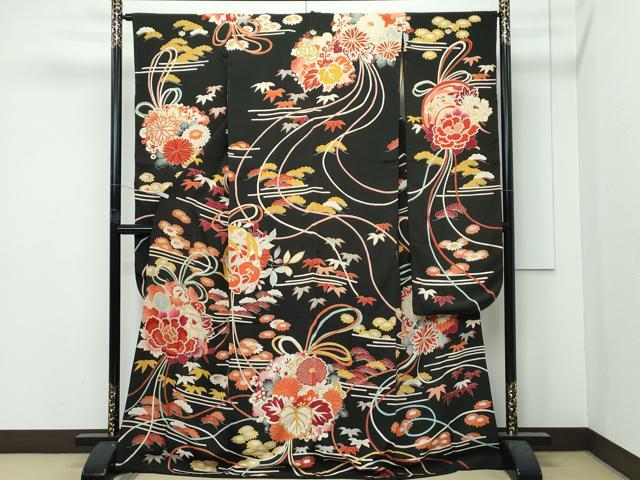 平和屋着物●極上　アンティーク　大正ロマン　振袖　駒刺繍　松竹梅草花文　黒地　金彩　逸品　CZAA4772s6