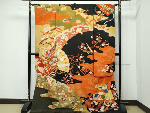 平和屋着物●極上　アンティーク　大正ロマン　振袖　駒刺繍　檜扇雪輪草花文　黒地　金彩　逸品　CZAA4773s6