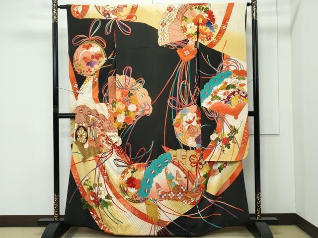 平和屋着物●極上　アンティーク　大正ロマン　振袖　駒刺繍　檜扇吉祥花文　暈し染め　金彩　逸品　CZAA4775s6