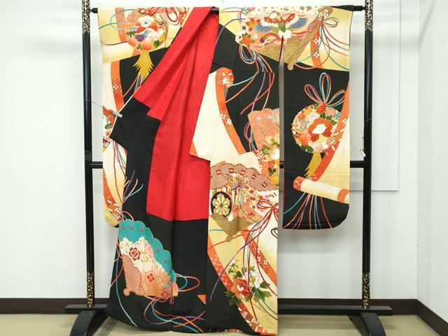 平和屋着物●極上　アンティーク　大正ロマン　振袖　駒刺繍　檜扇吉祥花文　暈し染め　金彩　逸品　CZAA4775s6_1