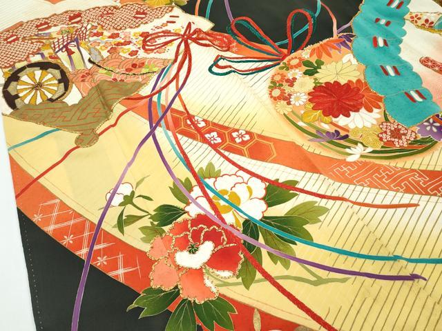 平和屋着物●極上　アンティーク　大正ロマン　振袖　駒刺繍　檜扇吉祥花文　暈し染め　金彩　逸品　CZAA4775s6 平和屋着物○極上 アンティーク 大正ロマン 振袖 駒刺繍 松竹梅檜扇花