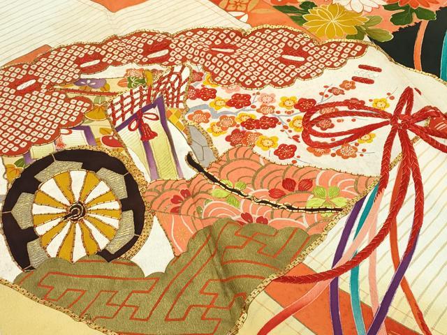 平和屋着物●極上　アンティーク　大正ロマン　振袖　駒刺繍　檜扇吉祥花文　暈し染め　金彩　逸品　CZAA4775s6 平和屋着物○極上 アンティーク 大正ロマン 振袖 駒刺繍 檜扇吉祥花文