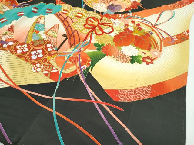 平和屋着物●極上　アンティーク　大正ロマン　振袖　駒刺繍　檜扇吉祥花文　暈し染め　金彩　逸品　CZAA4775s6_5