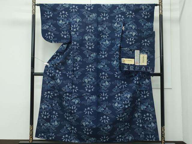 平和屋本店●極上 人間国宝 重要無形文化財保持者 森山虎雄 正藍絣森山 天然藍染 久留米絣 単衣 扇面立波舞蝶文 証紙付 綿 逸品 CZAA4788s6