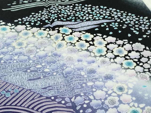 平和屋着物●極上　訪問着　舞花霞文　暈し染め　黒地　反端付き　逸品　未使用　CZAA4830s6_2