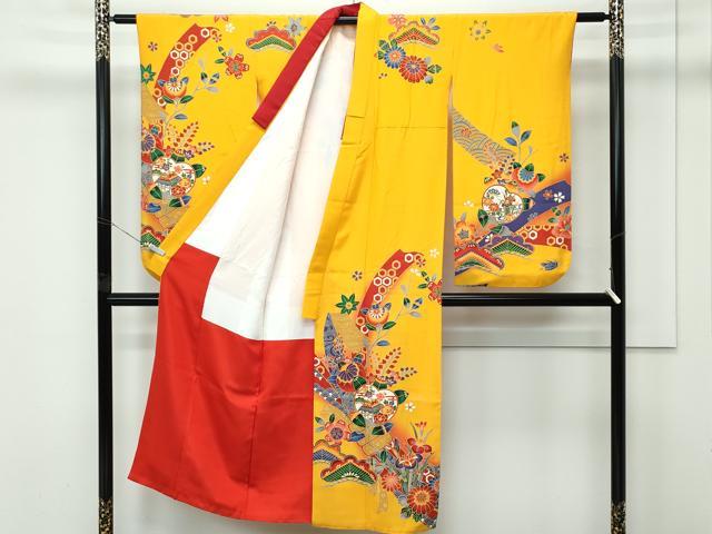 平和屋着物[]極上　七五三　女の子　7歳　祝着　型染め　草花風景文　暈し染め　柑子色地　逸品　CZAA4835s6_1