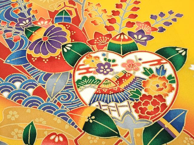 平和屋着物[]極上　七五三　女の子　7歳　祝着　型染め　草花風景文　暈し染め　柑子色地　逸品　CZAA4835s6_2
