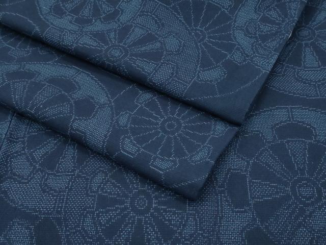 平和屋本店●極上　綿薩摩　東郷織物謹製　手織　160亀甲　實篤　永江明夫(正藍染)　源氏車　逸品　CZAA4854s6