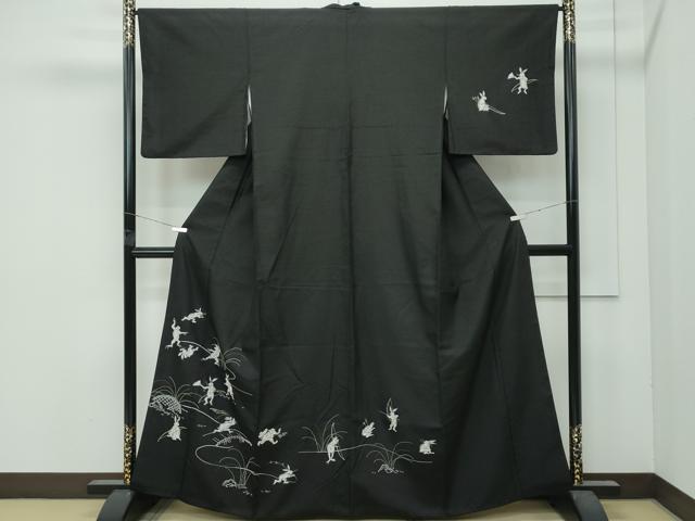 平和屋本店●極上　訪問着　紬地　中国三大刺繍　総相良刺繍　黒地　やまと誂製　逸品　CZAA4899s6