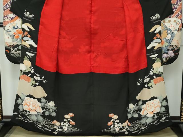 平和屋着物●極上　アンティーク　大正ロマン　振袖　駒刺繍　檜扇風景花文　黒地　金彩　逸品　CZAA4905s6_2
