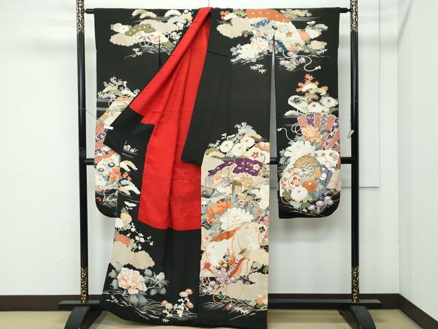 平和屋着物●極上　アンティーク　大正ロマン　振袖　駒刺繍　檜扇風景花文　黒地　金彩　逸品　CZAA4905s6_1