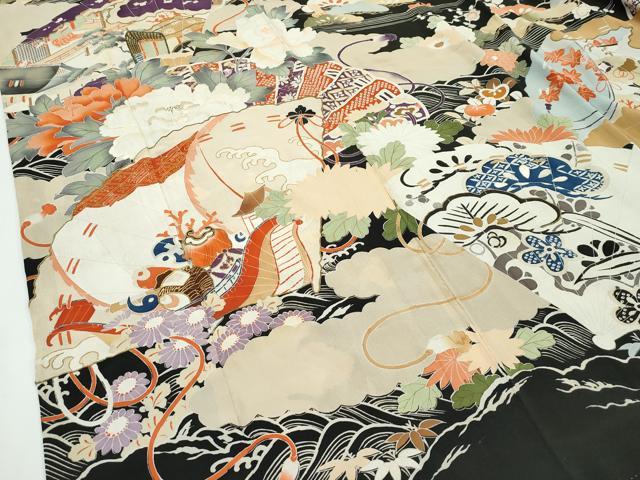 平和屋着物●極上　アンティーク　大正ロマン　振袖　駒刺繍　檜扇風景花文　黒地　金彩　逸品　CZAA4905s6_4