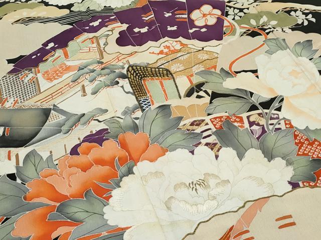 平和屋着物●極上　アンティーク　大正ロマン　振袖　駒刺繍　檜扇風景花文　黒地　金彩　逸品　CZAA4905s6_3