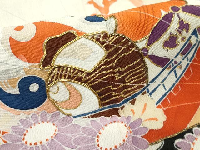 平和屋着物●極上　アンティーク　大正ロマン　振袖　駒刺繍　檜扇風景花文　黒地　金彩　逸品　CZAA4905s6_6