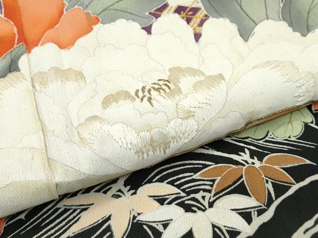 平和屋着物●極上　アンティーク　大正ロマン　振袖　駒刺繍　檜扇風景花文　黒地　金彩　逸品　CZAA4905s6_7