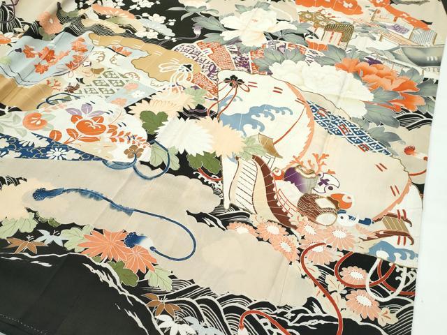平和屋着物●極上　アンティーク　大正ロマン　振袖　駒刺繍　檜扇風景花文　黒地　金彩　逸品　CZAA4905s6_5