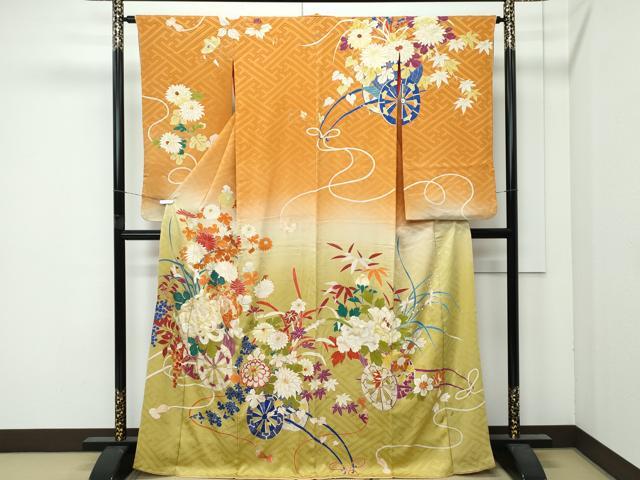 平和屋着物●極上　アンティーク　大正ロマン　小振袖　駒刺繍　花車文　暈し染め　金銀彩　逸品　CZAA4906s6
