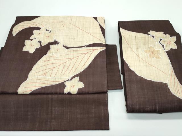 平和屋着物＊極上　夏物　つけ帯　草花文　銀彩　赤墨色地　麻　逸品　CZAA4950s6