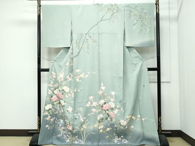 平和屋着物●極上　訪問着　友禅　作家物　枝花文　暈し染め　青白橡色地　逸品　CZAA4977s6