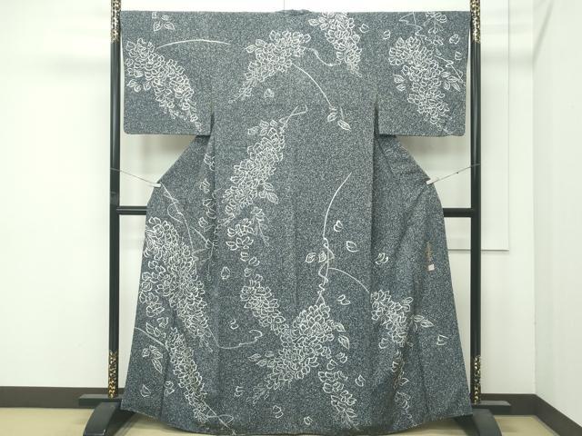 平和屋着物●極上　染色作家　石田凱宣　訪問着　型染め　藤花房　たたき染め　藍鉄色地　逸品　CZAA4984s6 平和屋着物○極上 染色作家 石田凱宣 訪問着 型染め 藤花房 たたき染め