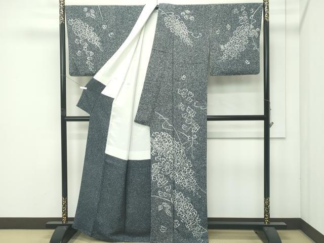 平和屋着物●極上　染色作家　石田凱宣　訪問着　型染め　藤花房　たたき染め　藍鉄色地　逸品　CZAA4984s6 平和屋着物○極上 染色作家 石田凱宣 訪問着 型染め 藤花房 たたき染め