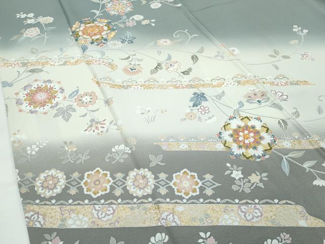 平和屋着物○極上 訪問着 駒刺繍 正倉院花文 暈し染め 金彩 山鳩色地