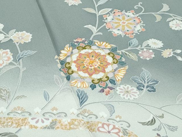 平和屋着物●極上　訪問着　駒刺繍　正倉院花文　暈し染め　金彩　山鳩色地　逸品　CZAA5014s6 平和屋着物○極上 創業460年・千總 色留袖 駒刺繍 正倉院熨斗花文 金彩
