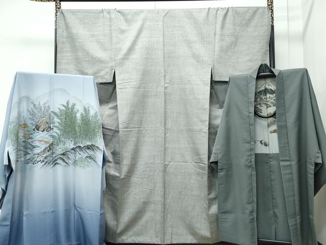 平和屋本店●極上　男性　紬・長羽織・長襦袢セット　着物：灰汁色　羽織：柳煤竹色　キングサイズ　逸品　CZAA5088s6
