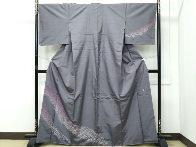平和屋着物●極上　訪問着　紬地　総刺繍　刺し子　麻の葉文様　さが美扱い　消炭色地　逸品　未使用　CZAA5095s6