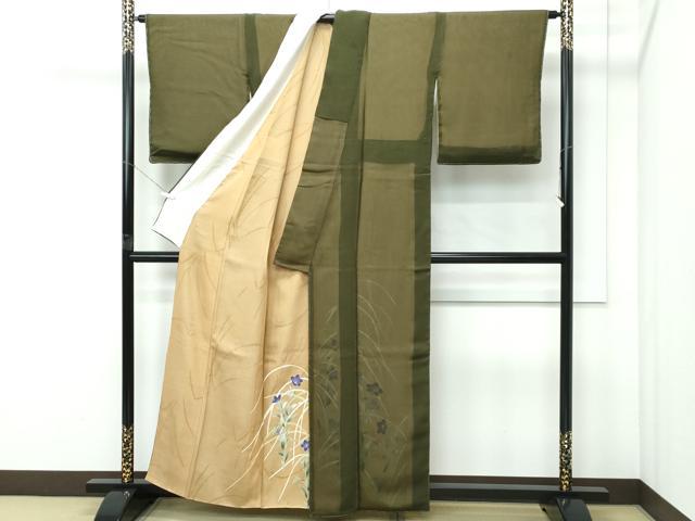 平和屋着物●極上　訪問着　無双　紗袷　紗×紗　草花文　表：海松茶色　裏：飴色地　逸品　未使用　CZAA5099s6_1