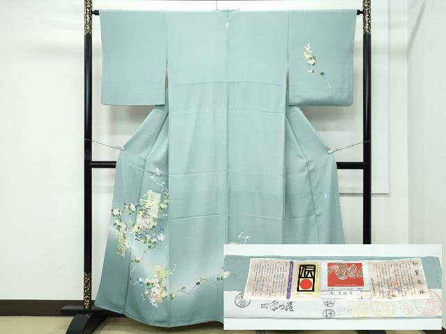 平和屋着物●極上　本加賀友禅作家　南克治　訪問着　短冊風景花文　暈し染め　錆青磁色地　証紙付き　逸品　CZAA5104s6