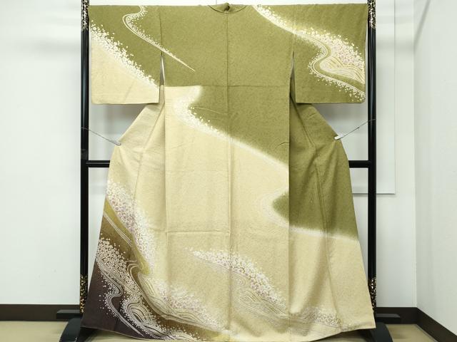 平和屋着物●極上　訪問着　絞り　流水舞花文　暈し染め　銀通し地　逸品　CZAA5145s6 平和屋着物○極上 訪問着 絞り 流水舞花文 暈し染め 銀通し地 逸品