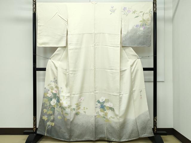 平和屋着物●極上　二代目清次郎　手描き　訪問着　刺繍　草花文　たたき染め　金彩　砥粉色地　逸品　未使用　CZAA5149s6