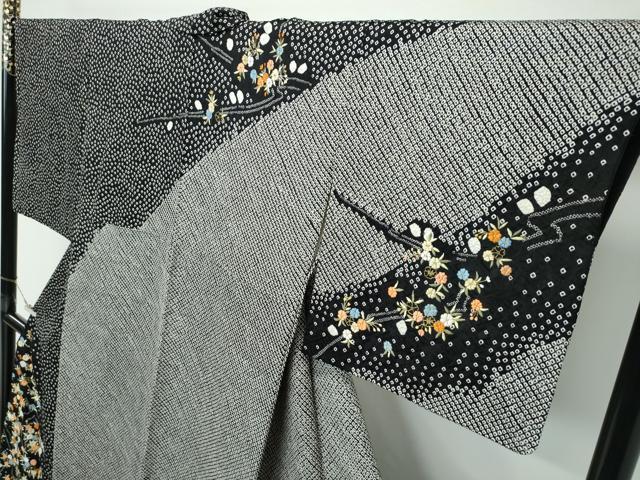 平和屋着物●極上　訪問着　総絞り　刺繍　枝花文　黒地　金糸　越後屋扱い　逸品　CZAA5172s6_2