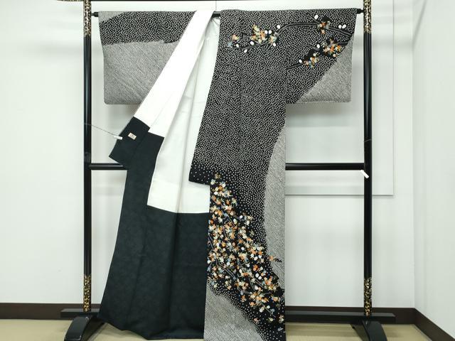 平和屋着物●極上　訪問着　総絞り　刺繍　枝花文　黒地　金糸　越後屋扱い　逸品　CZAA5172s6_1