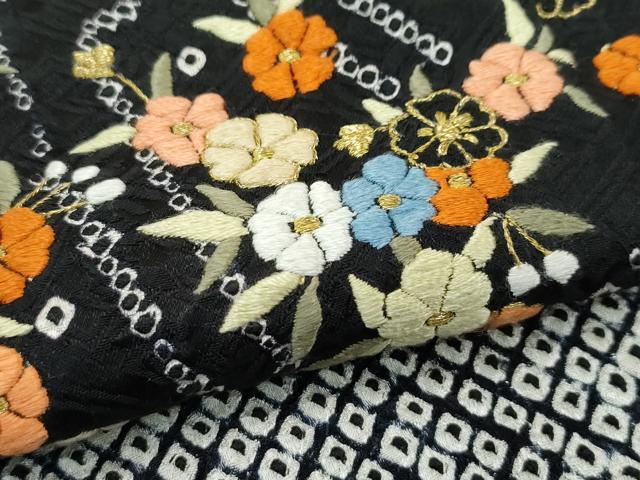 平和屋着物●極上　訪問着　総絞り　刺繍　枝花文　黒地　金糸　越後屋扱い　逸品　CZAA5172s6_8