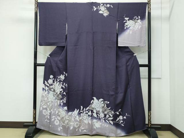 平和屋本店●極上　訪問着　更紗花文　暈し染め　金彩　紫黒色地　逸品　CZAA5239s6